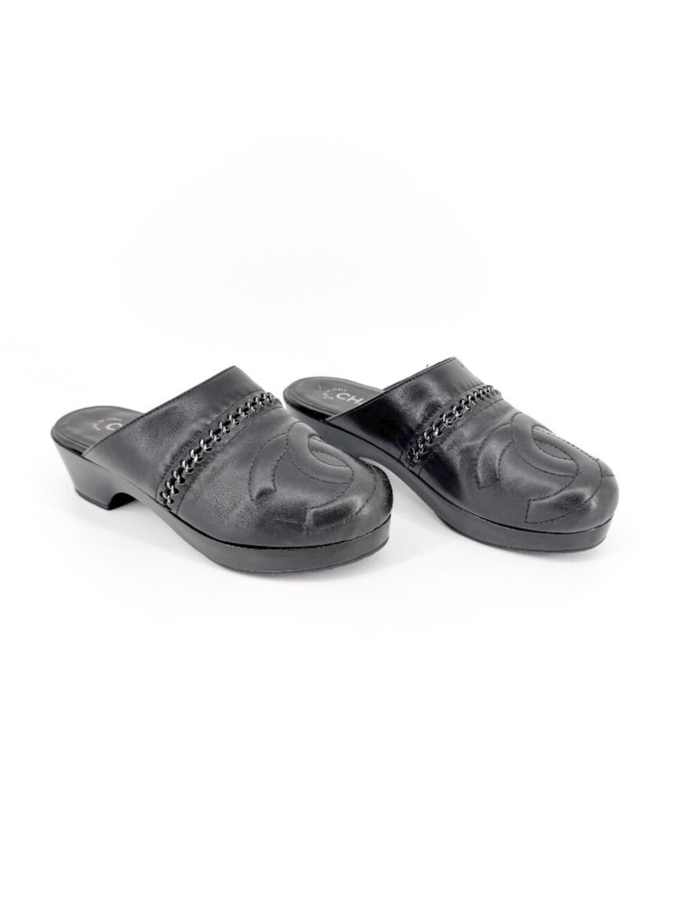 Chanel Black Leather CC Chain Mule Slip On Clogs Flats Size 36 US 5–5.5 Women's
